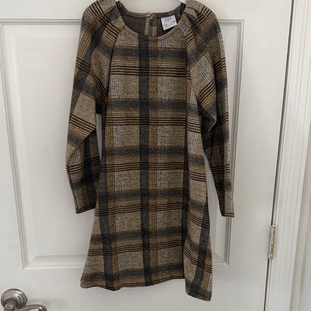 Zara Plaid Long-Sleeve Knit Dress in Beige, Brown and Gray